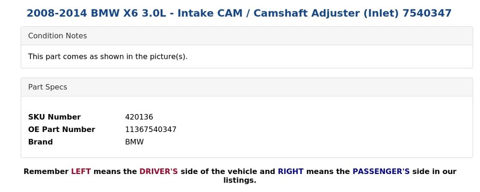 2008-2014 BMW X6 3.0L - CAM de admissão / ajustador de eixo de comando (entrada) 7540347 - Imagem 3 de 4