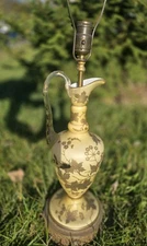 Vintage 1920s Ivory Hand Blown Crystal Ewers With Raised Gold-Lamp SIGNED WORKS!