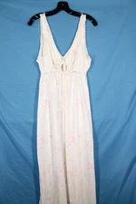 VTG VAL MODE Smooth NYLON White PINK FLORAL Tie Key-Hole LOUNGE Nightgown Sz M