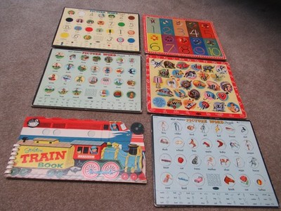Group of vintage assorted picture word puzzles by Whitman & learning train book