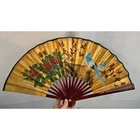 Vintage Hand Painted Gold Hand Folding Fan Bird Floral Asian Oriental Wooden