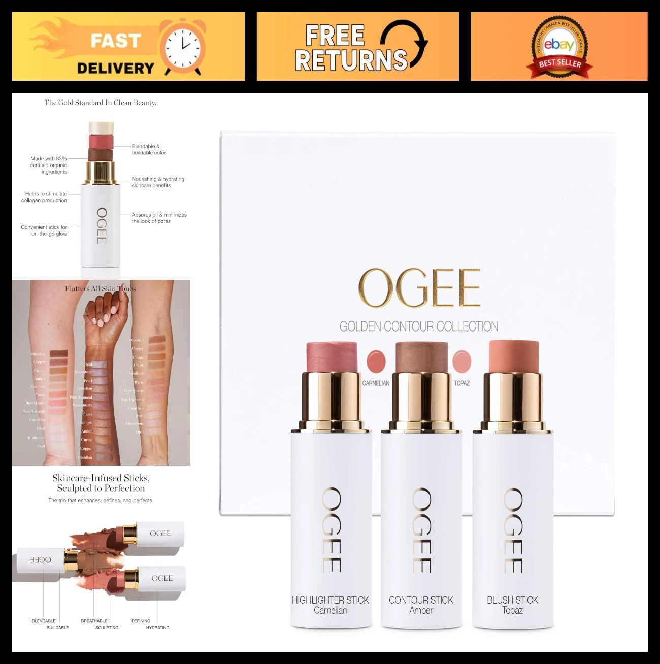 Organic Face Stick Trio - Contour, Blush & Highlighter Makeup Set for Flawless S
