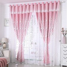 1 Pair Double Layer Flower Curtains for Girls Room Living Room Pastoral Flowe...