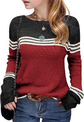 Girls Winter Sweaters Long Sleeve round Neck Color Block Striped Casual Loose Li