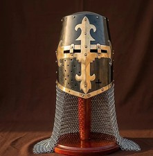 Templar Knight Helmet Steel with Chainmail Crusader Medieval Armor for LARP