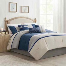 NEW  COZY ULTRA SOFT BLUE LIGHT GREY NAVY MODERN STRIPE COMFORTER SET  PILLOWS