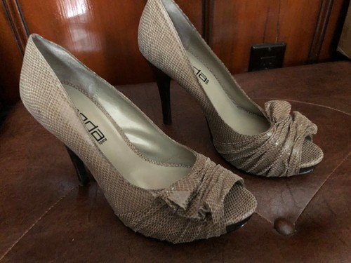 MODA SPANA Women's Black Snake Print Leather Peep Toe Heels Pumps Shoe Taupe 7 M - Picture 4 of 6