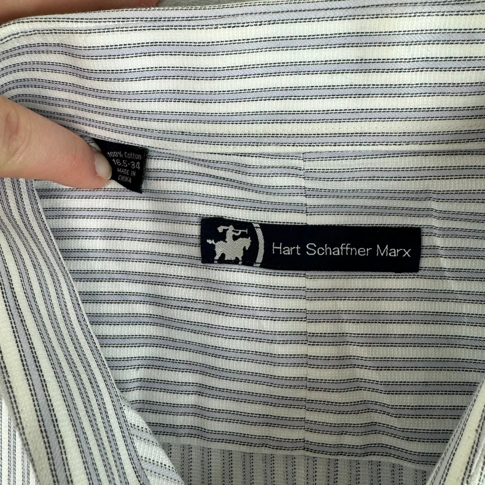 Camisa de vestir Hart Schaffner Marx para hombre 16,5 34 gris blanco a rayas bolsillo profesional HSM Foto 2 de 4