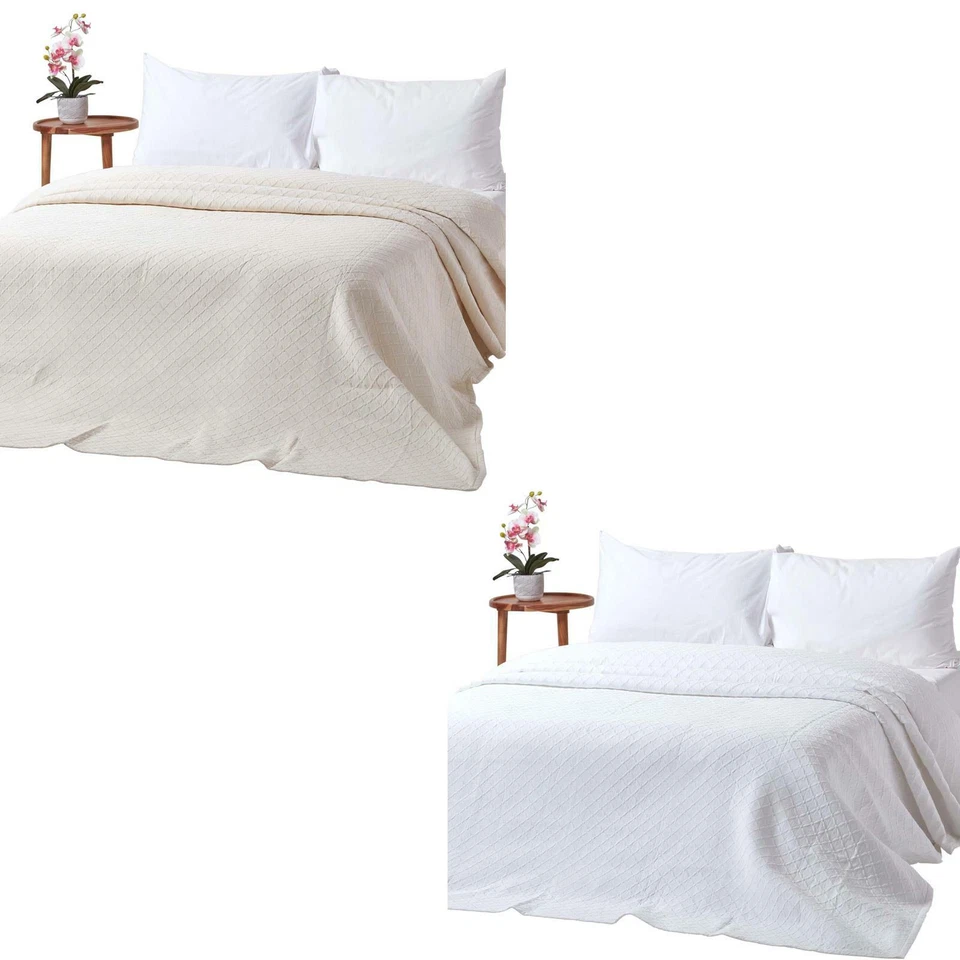 Cotton Bedspreads Cream and White Contemporary Diamond Pattern Matelassé Throws - Image 1 of 1