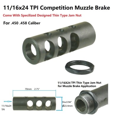 Steel .458 .45 Tanker Style Competition Muzzle Brake 11/16''x24 TPI With Jam Nut