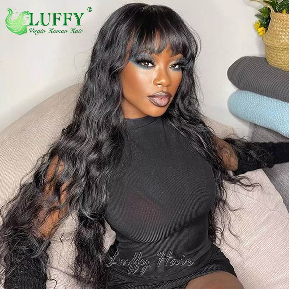 Natural Wave Wigs With Bangs Brazilian Human Hair Scalp Top Machine Made Wigs