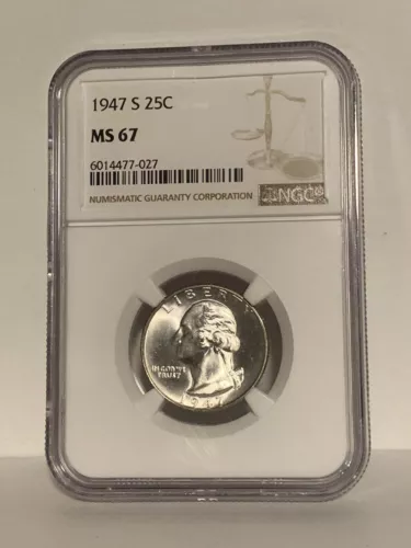 1947 S WASHINGTON QUARTER NGC CERTIFIED MS67 DEEP FROSTY WHITE