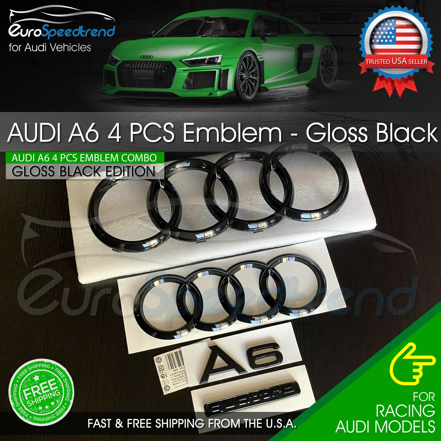 Audi A6 Front Rear Rings Emblem Gloss Black Trunk Logo Quattro Badge