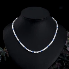 Genuine CZ Round Tennis Link Blue Enamel Lucky Eyes Chorker Wedding Necklace