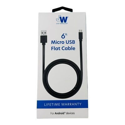 Just Wireless 6ft Flat Charging Cable Micro USB to USB-A for Android -Sealed Box
