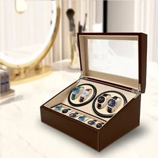 Luxury! 4+6 Automatic Rotation Wood Watch Winder Storage display Box Brown