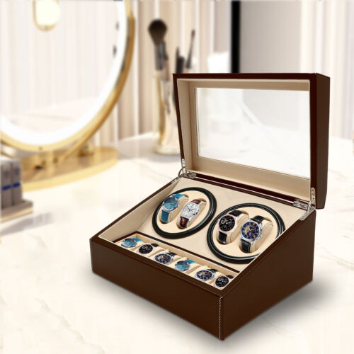 PU 4+6 Automatic Rotation Watch Winder Display Case Wooden Storage Box - Afbeelding 1 van 47