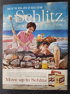 Schlitz Beer-Couple Lighting Fire On Beach-BBQ-Print Ad 1960