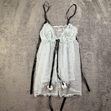 Victoria  s Secret Sheer Mesh Babydoll Lingerie Rhinestone Blue Large Pom Pom