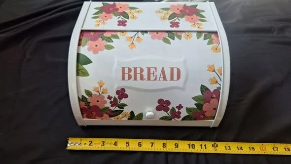 Metal ASHLAND White Spring-Floral Bread Box with roll up Door Kitchen Storage