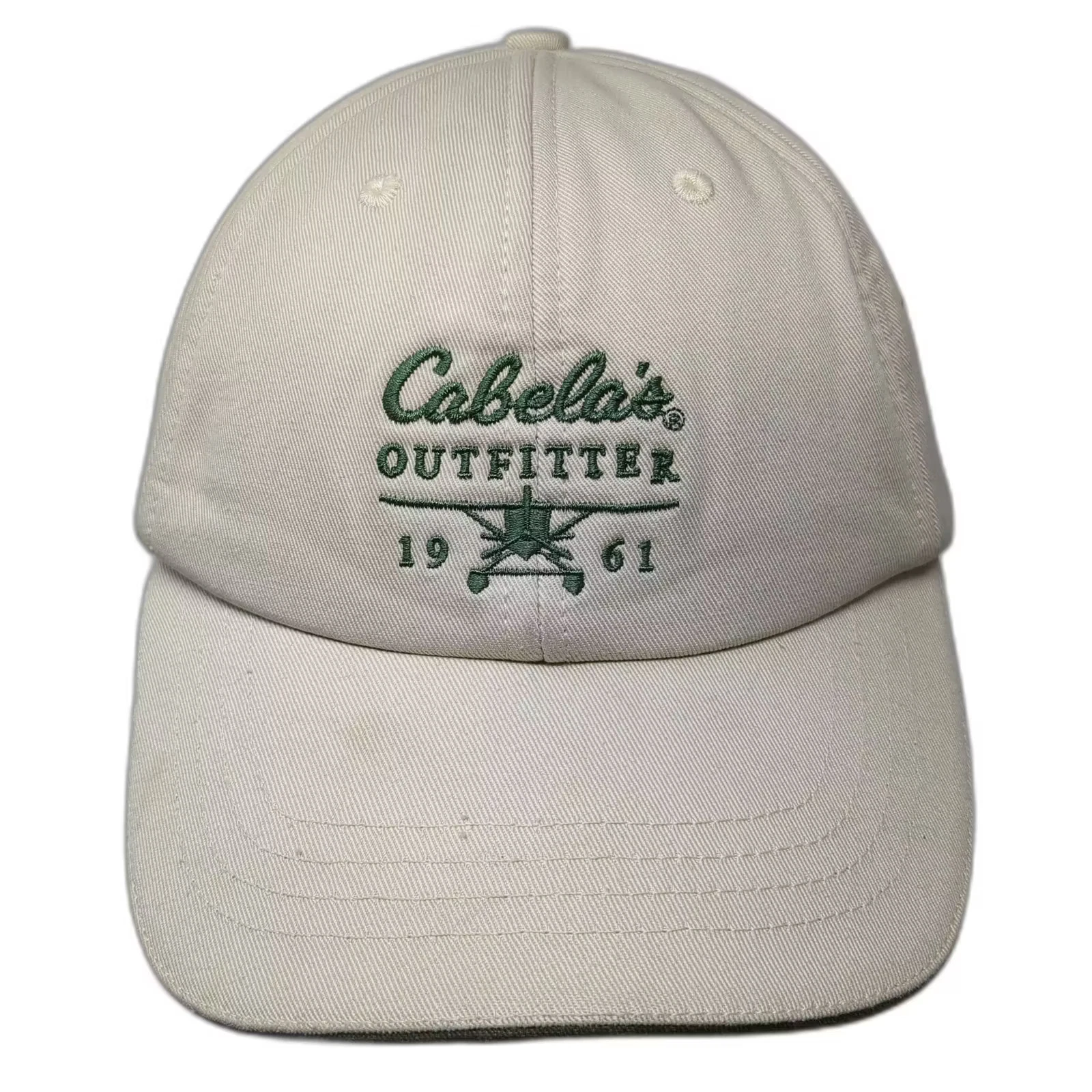 Cabela's Baseball Cap Beige Green OS Fleece Lined Airplane Logo Slideback Hat