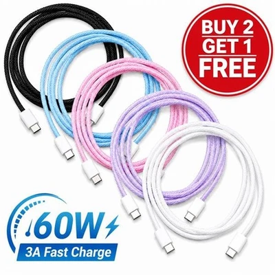 USB-C Cable To USB-C Braided Fast Charger Cable Type C Lead For iPhone 15 16 17 - Image 1 of 4