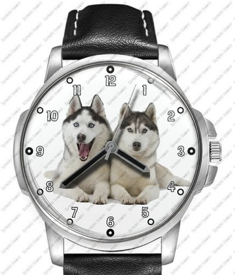 #ad #ad Dog Collection Two Siberian Huskies Black Leather Strap Watch GBP 33.97
