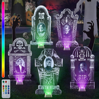 21.65 Inch 3D Changing Face Black Hands Halloween Yard Signs, 5 Set Lighted Tomb