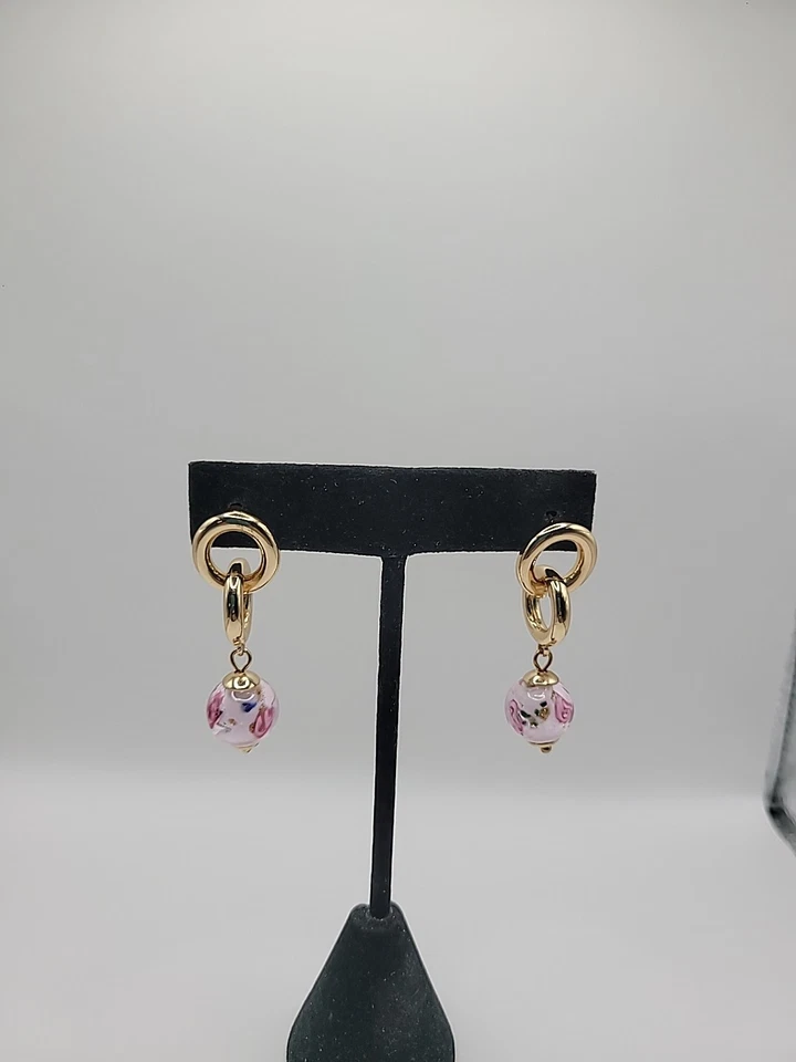 Vintage Earrings Pierced Drop Dangle Double Hoop Pink Flower Stud  Post Jewelry - Image 3 of 4