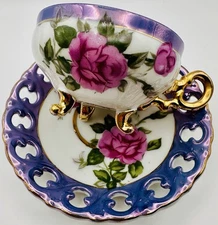 Vintage Japan Footed Rose Demitasse Cup & Open Saucer; Iridescent Teacup