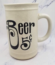 Black and Ivory Ceramic Porcelain Vintage 5 Cent Beer Mug
