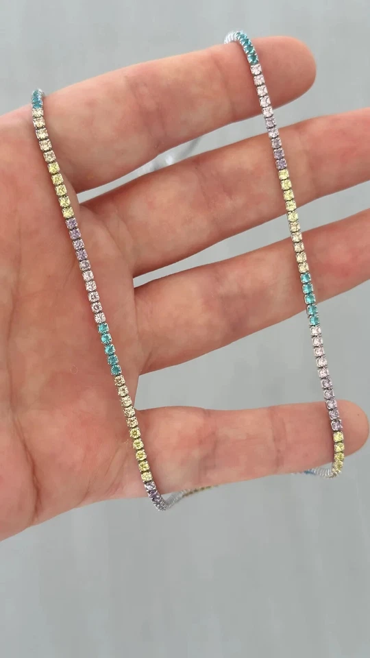 10Ct Lab Created Rainbow Color Sapphire 18" Luxury Tennis Necklace 14K Gold Over - Image 2 of 4