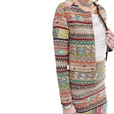 Glamorous Multi Geo-tribal Stripe Trophy Embelished Open Front Cropped Jacket