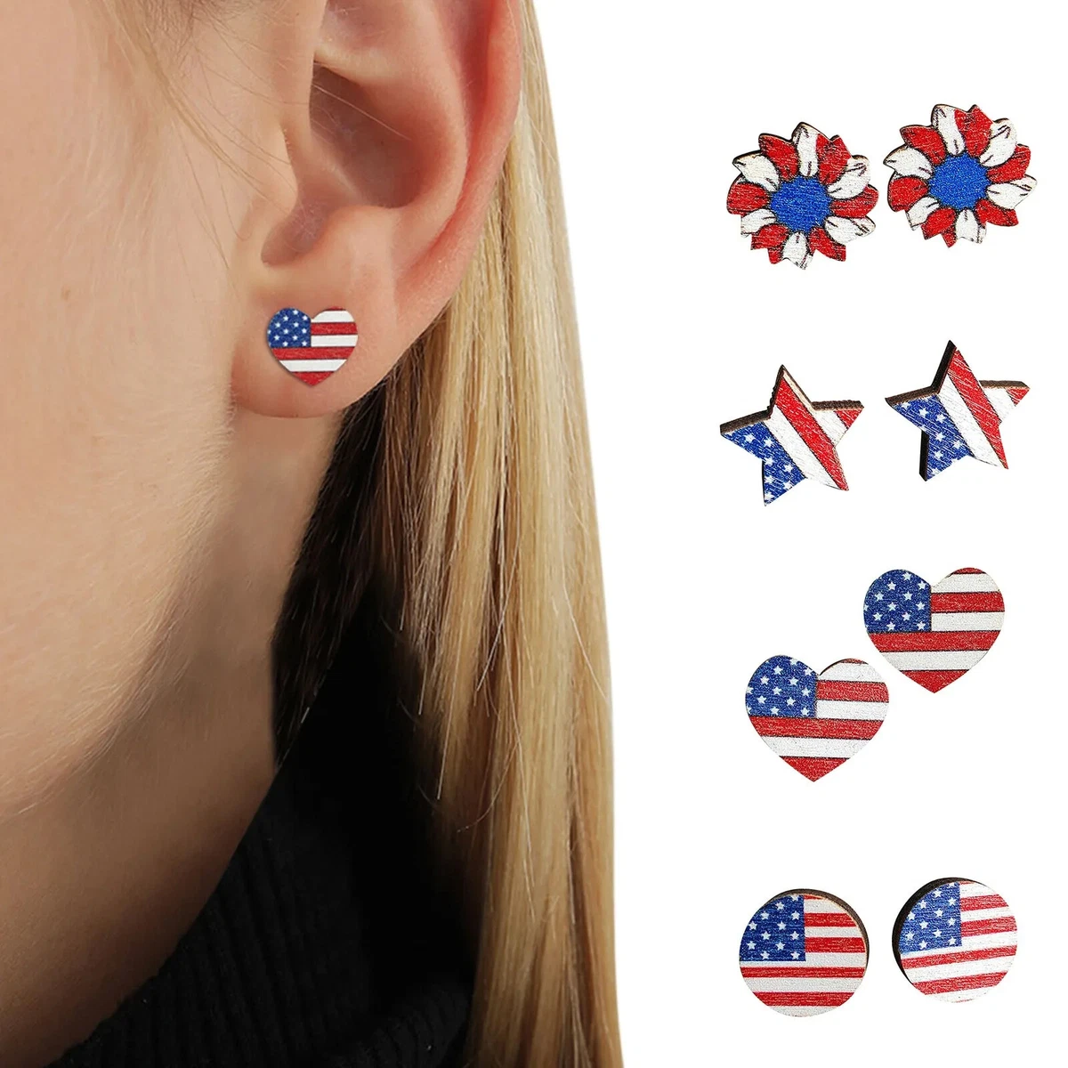 Sterling Silver USA American Flag Patriotic Red White Blue Heart Stud  Earrings I | eBay