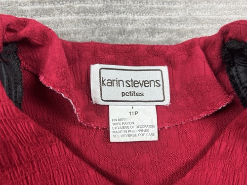 Karin Stevens Top Womens 10P Red Petite Beaded Fringe Hem V-Neck Short Sleeve - Picture 9 of 10