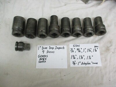 LOT of 9 Genius Tools 1'' Drive Deep Impact Sockets 6 Point SAE W/Sunex Adaptor