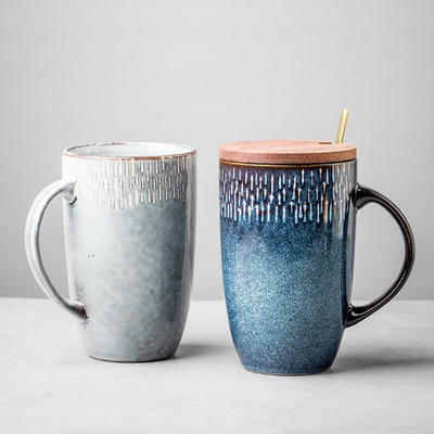 European Ceramic Tea Cup with Wood Lid Coffee Mug 600ml