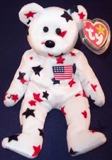 Ty Beanie Baby Glory the Bear U.S. Flag Plush with Tag Protector, 1997, Errors!