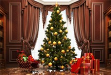 10x8ft House Brown Window Curtain Christmas Tree Photo Background Vinyl Backdrop