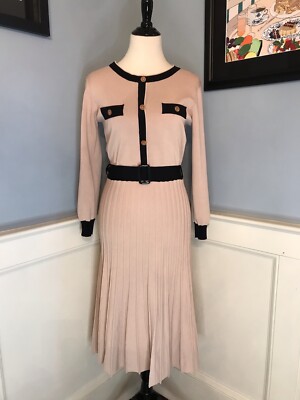 Beige and Black Retro 70s Style Stretch Sweater Dress with Pleated Skirt  Beige a