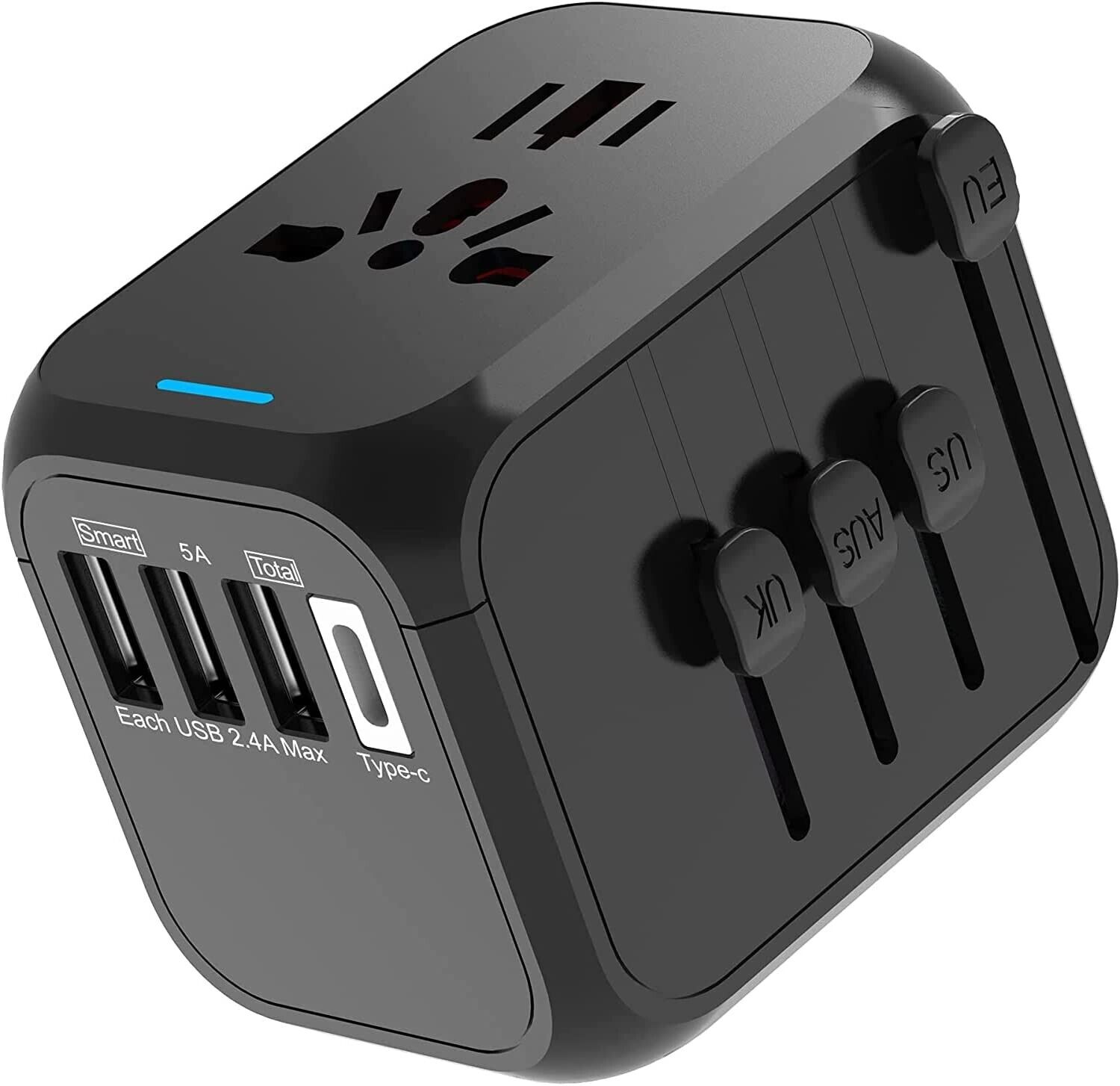 Travel Adapter with 3 USB Ports & 1 Type-C Port - Charge 5 Devices - Portable