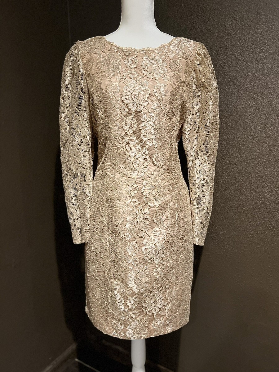 Ambria Vintage 12 Gold Lace Mini Dress Puff Sleeve Open Back Ambria Vintage 12 Gold Lace Mini Dress Puff Sleeve Open Back
