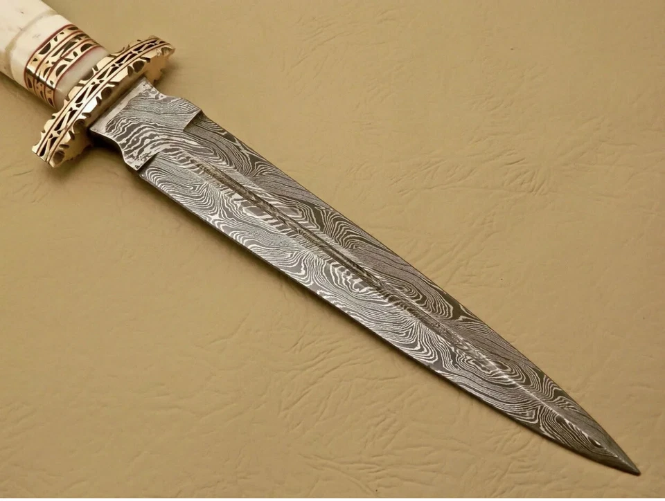 custome handmade damascus steel 13.5" dagger knife handle camel bone with clip - Image 2 of 4