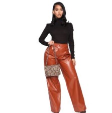 For Fashion Nova Size Small I Do What I Say Pants Faux Leather Rust Wide Legs