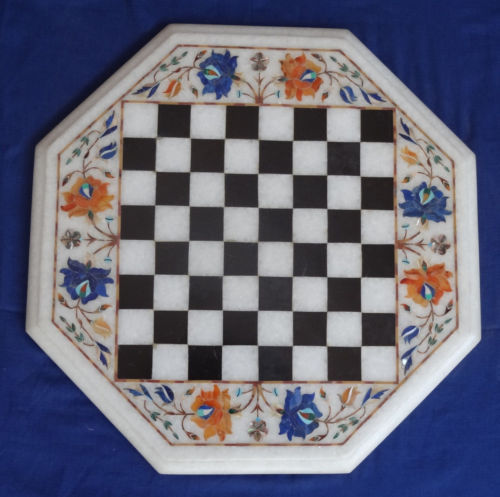 12-Inch White Marble Chess Board with Exquisite Pietra Dura Stone Inlay