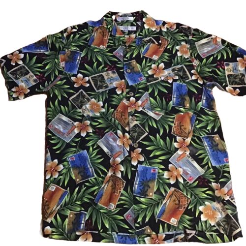 Herren Vintage Hawaii Hemd mit Knöpfen Kurzarm Größe L Postkarten Viskose Aufdrucke