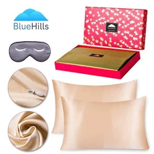 BlueHills 22 Momme Pure Mulberry Silk Pillowcase 3 piece Gift Set Gold Standard