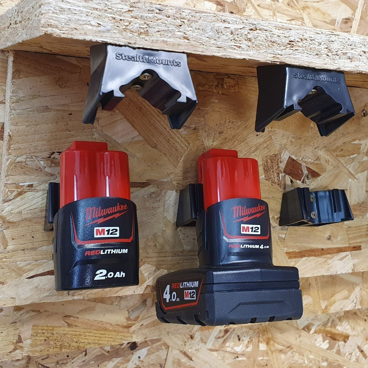 StealthMounts M12 Battery Holder 4-Pack - Red Milwaukee M12 Battery Mounts, Made In UK