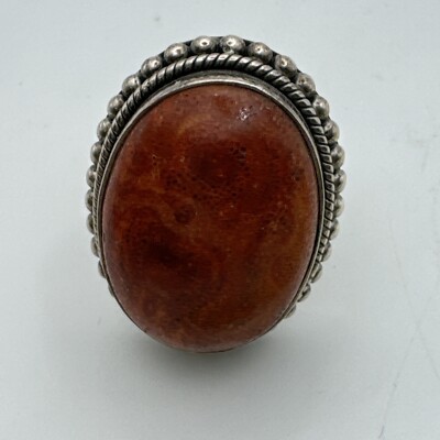 Doug Paulus DP India Silver Sterling 925 Red Coral Statement Ring Size 8
