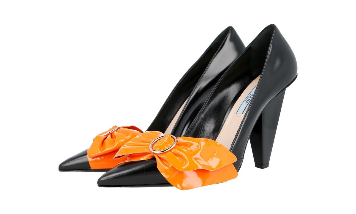 AUTH LUXURY PRADA PUMPS SHOES 1I462H BLACK ORANGE NEW